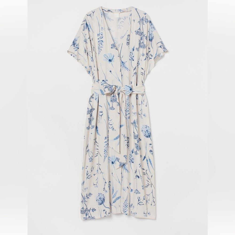 H&M; Small; cream color button down midi dress with tie belt. Blue floral.